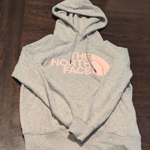 The North Face Light Gray Hoodie with Soft Pink Logo